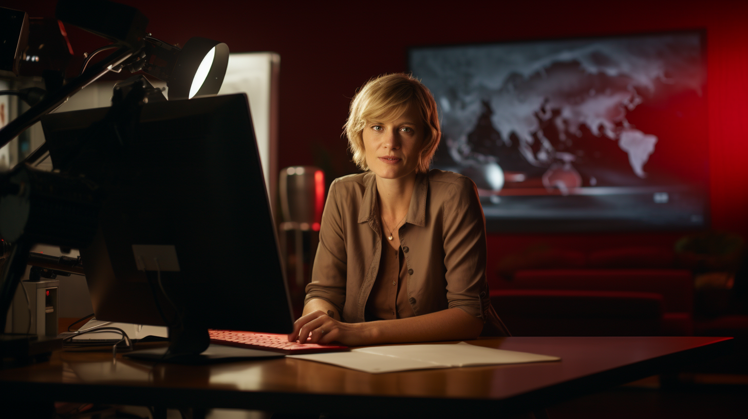 German woman talking at camera with big screen