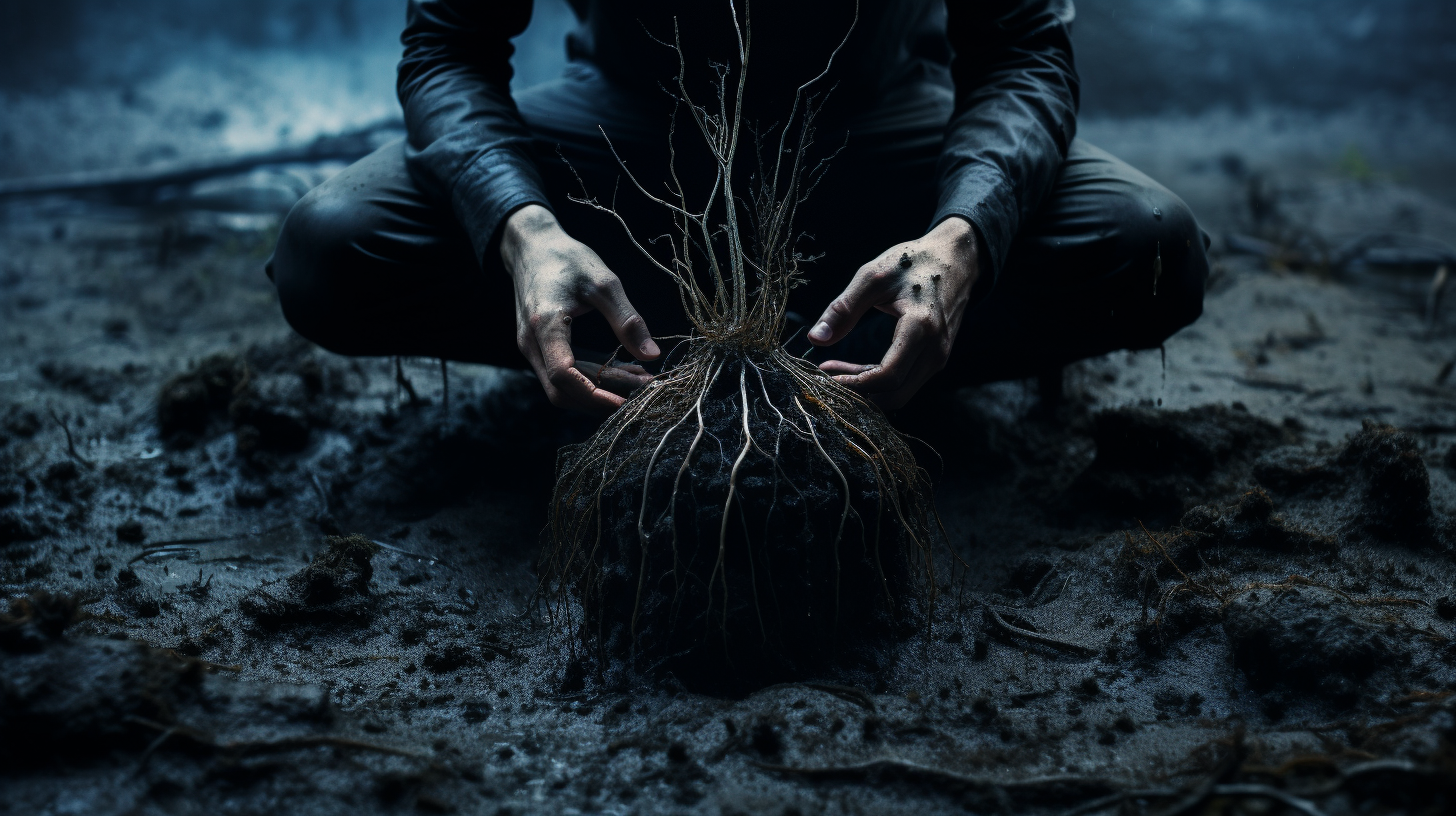 Conceptual image of germinating seed underground with roots