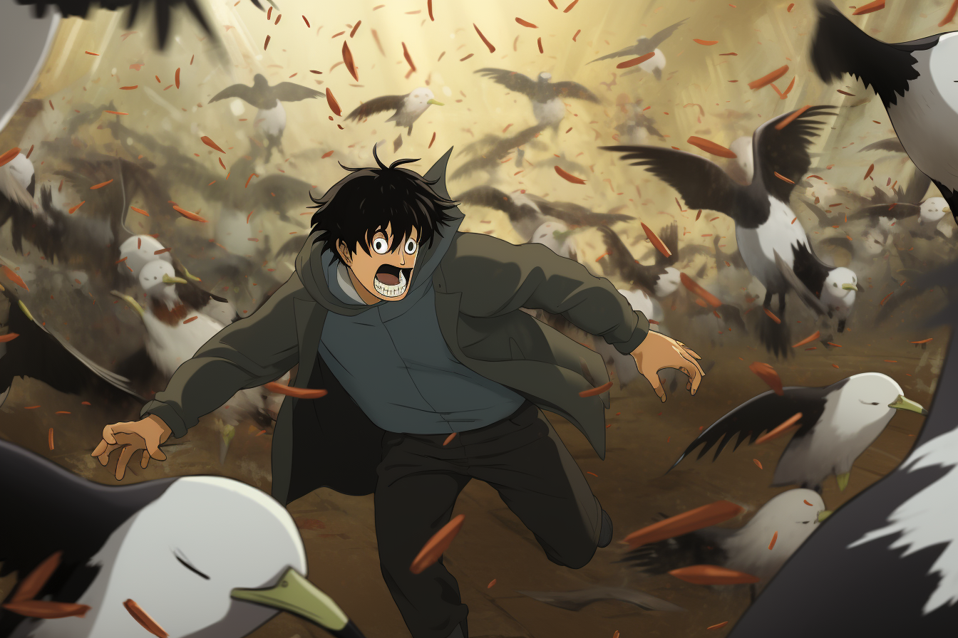 Ghibli anime character defeating penguin in battle