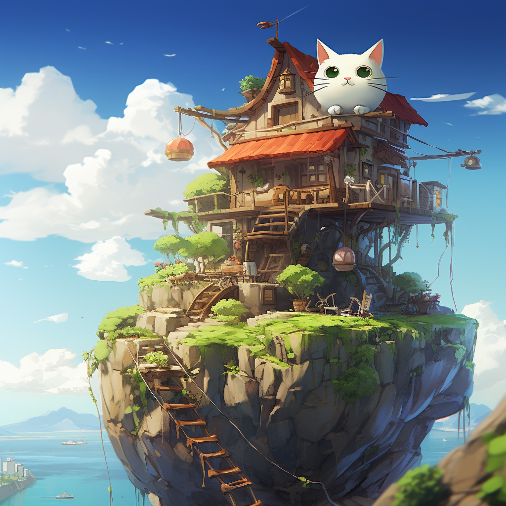 Ghibli flying house cat rock