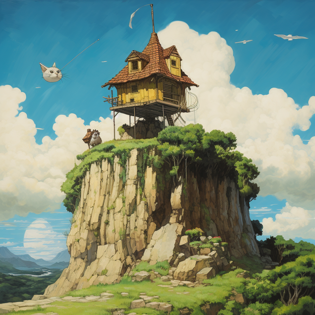 Ghibli Style Flying House Cat Rock