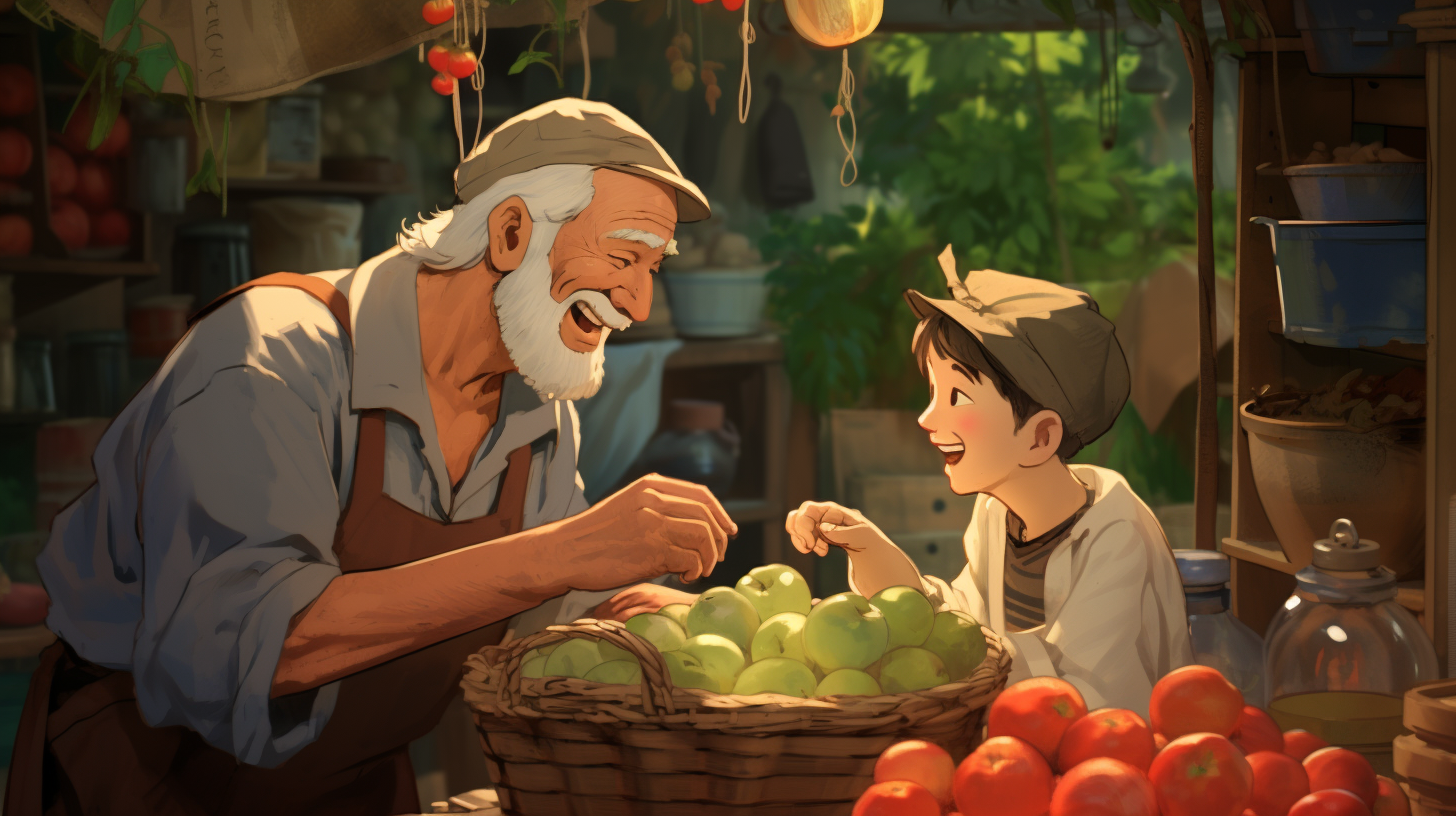 Grateful old man receiving apples