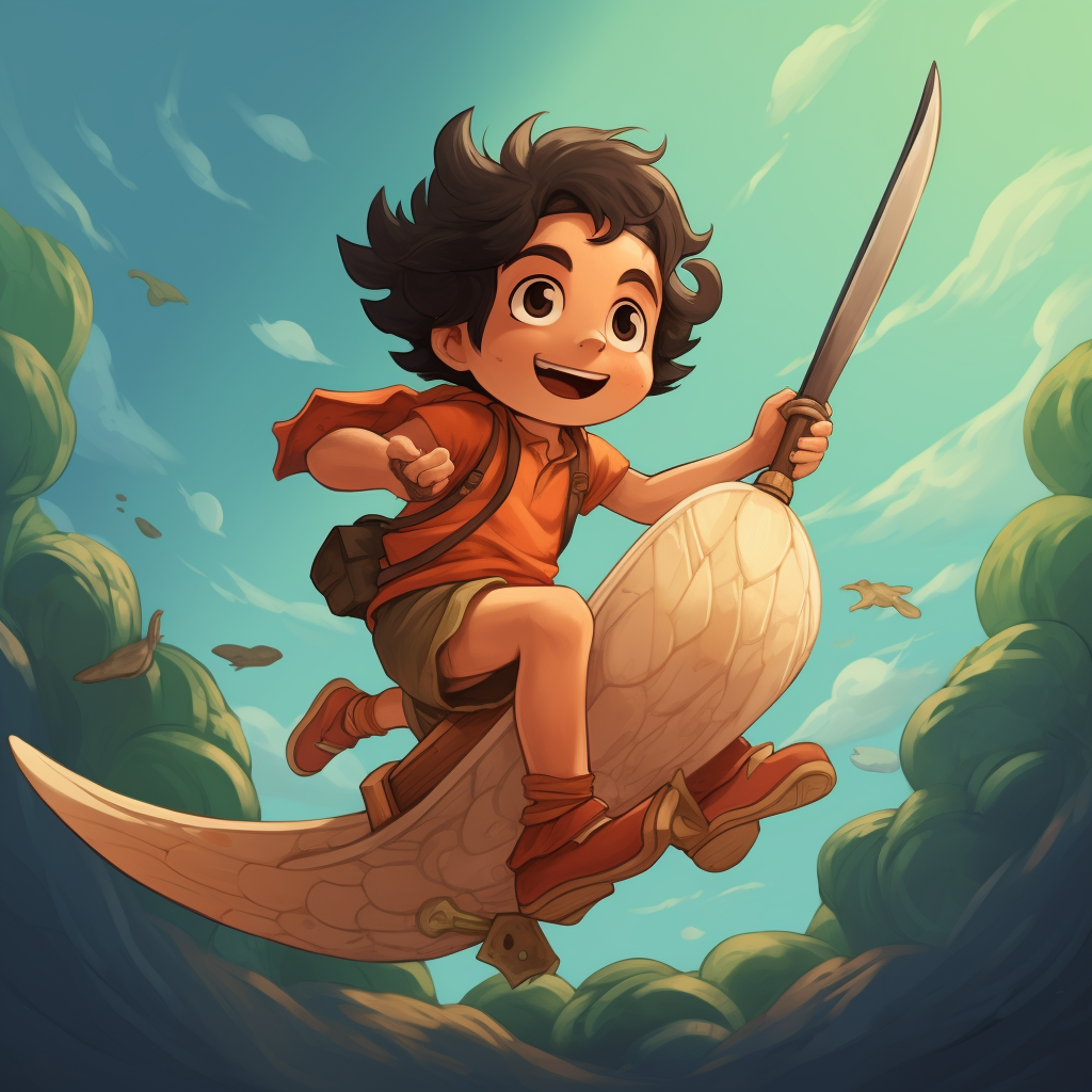 Boy on a Flying Machete in Studio Ghibli Style