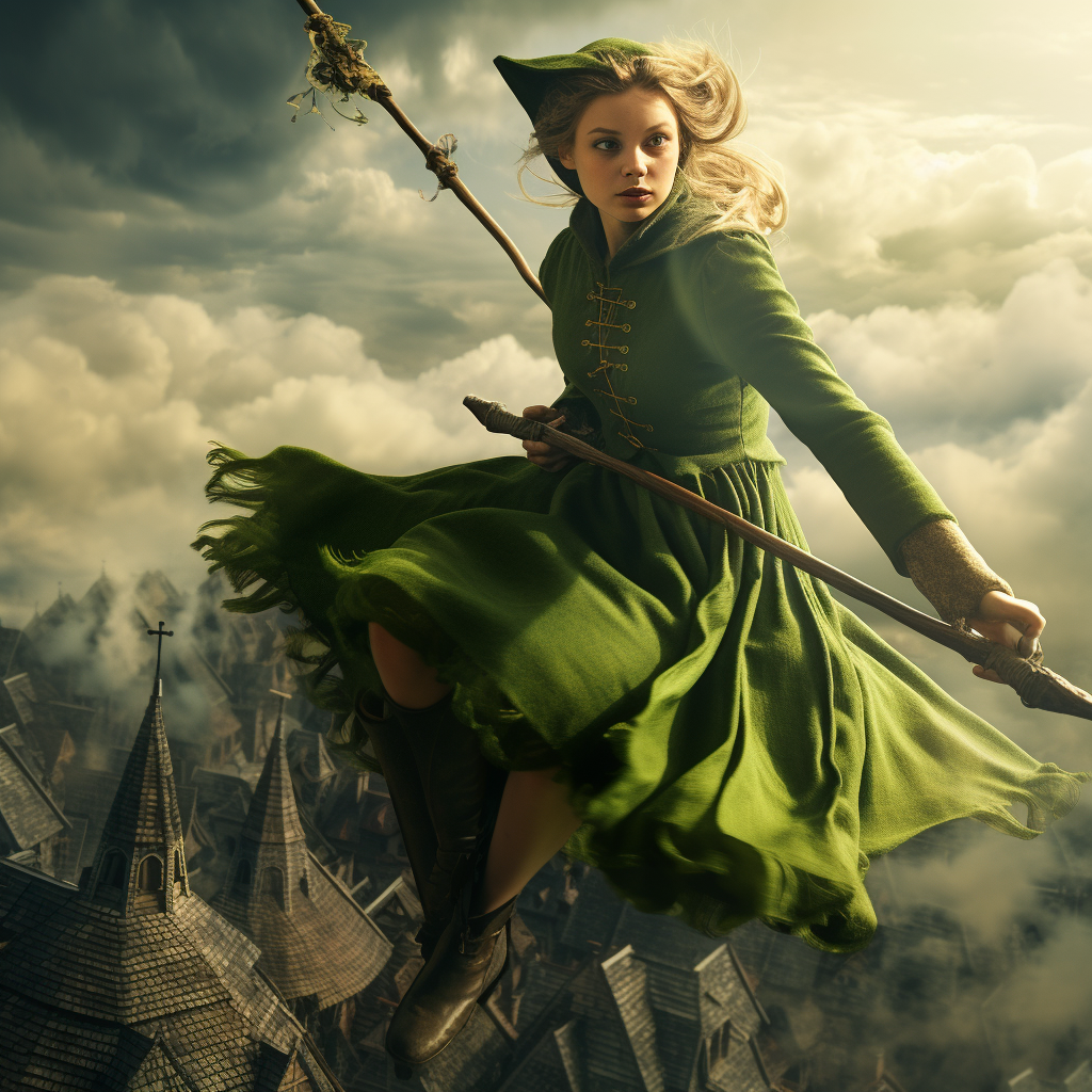 Green-Elf Teen Witch Riding Broom over Medieval City