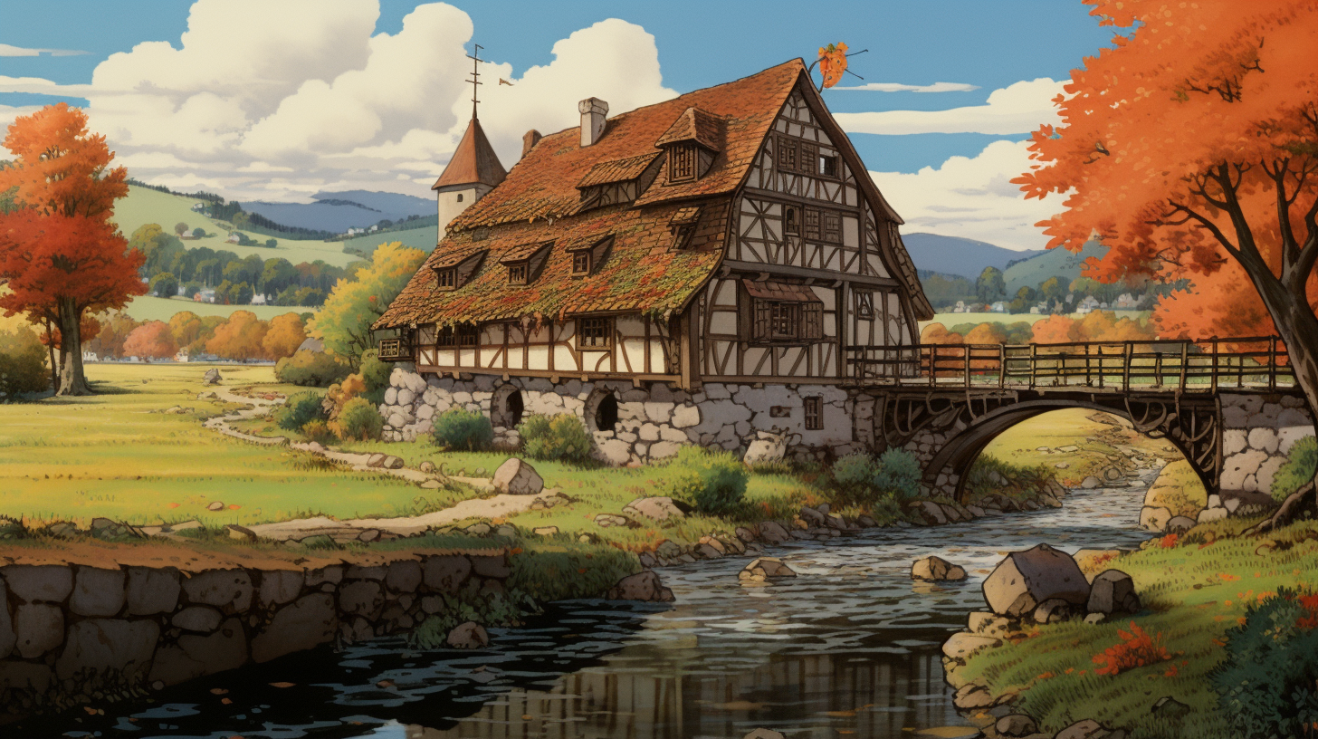 Beautiful autumn village scenery in Ghibli anime