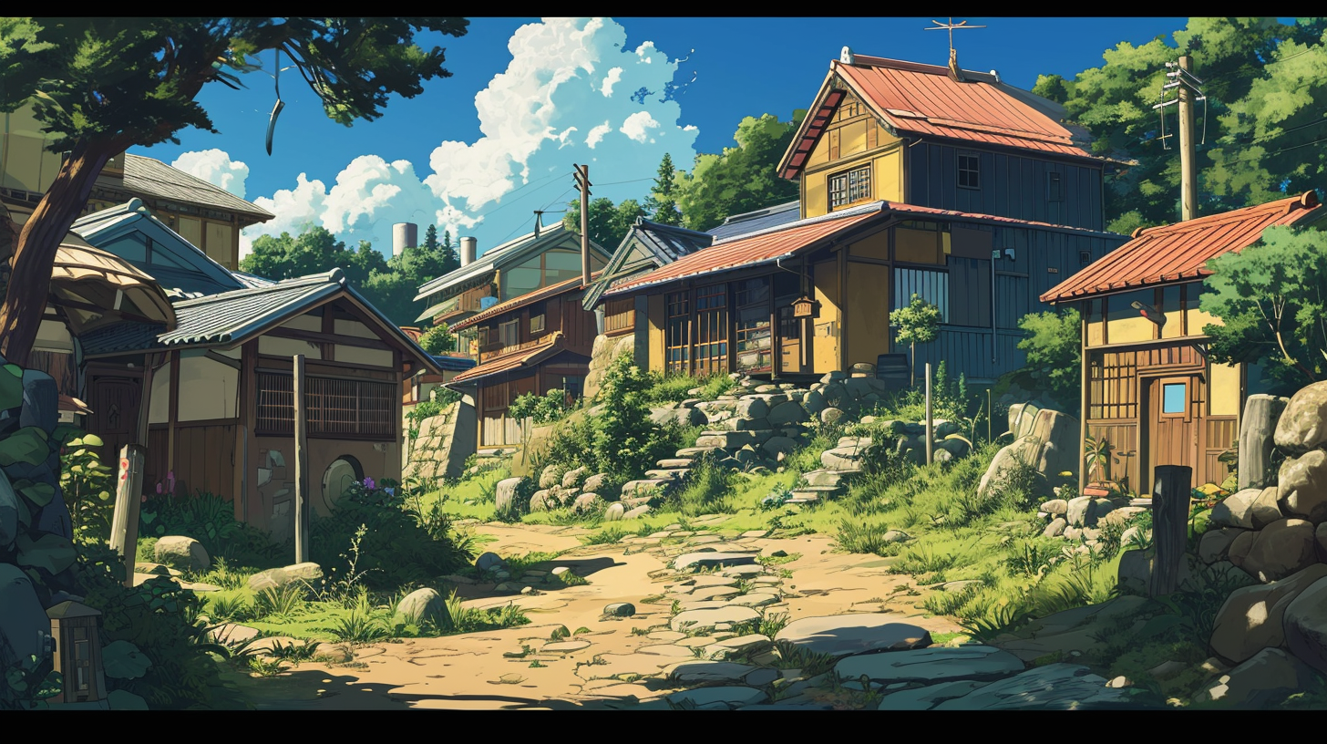 Peaceful village scenery from Ghibli anime