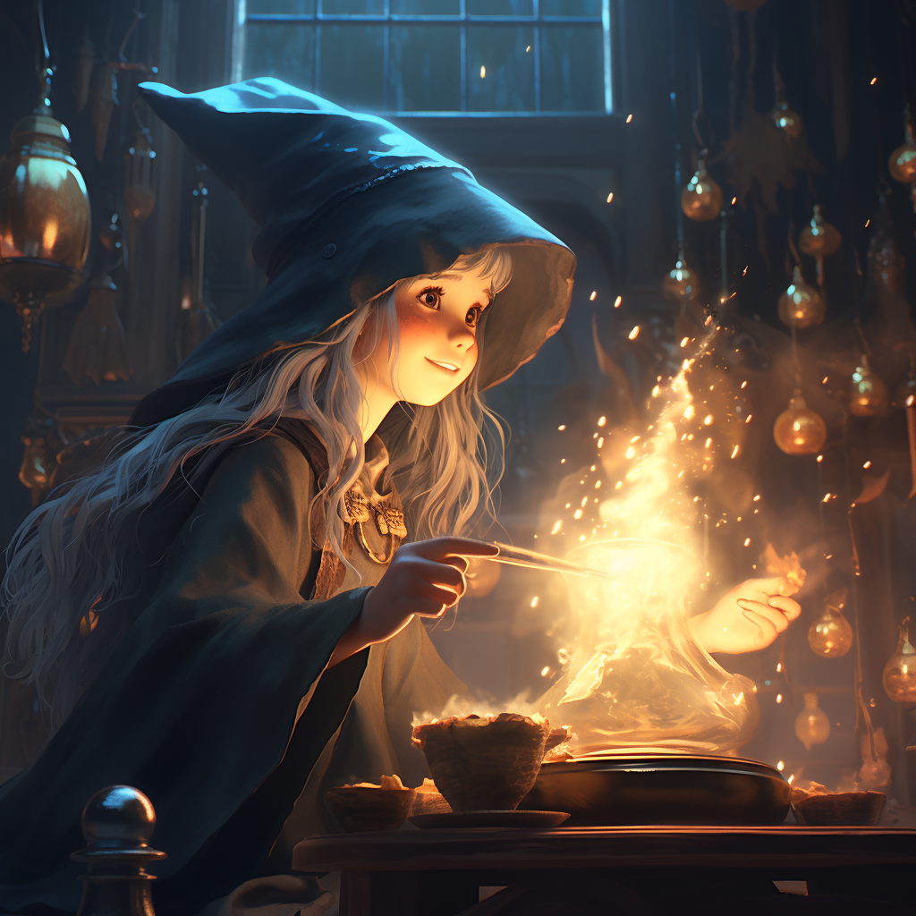 Little girl in cloak adoring wizard's spellcasting