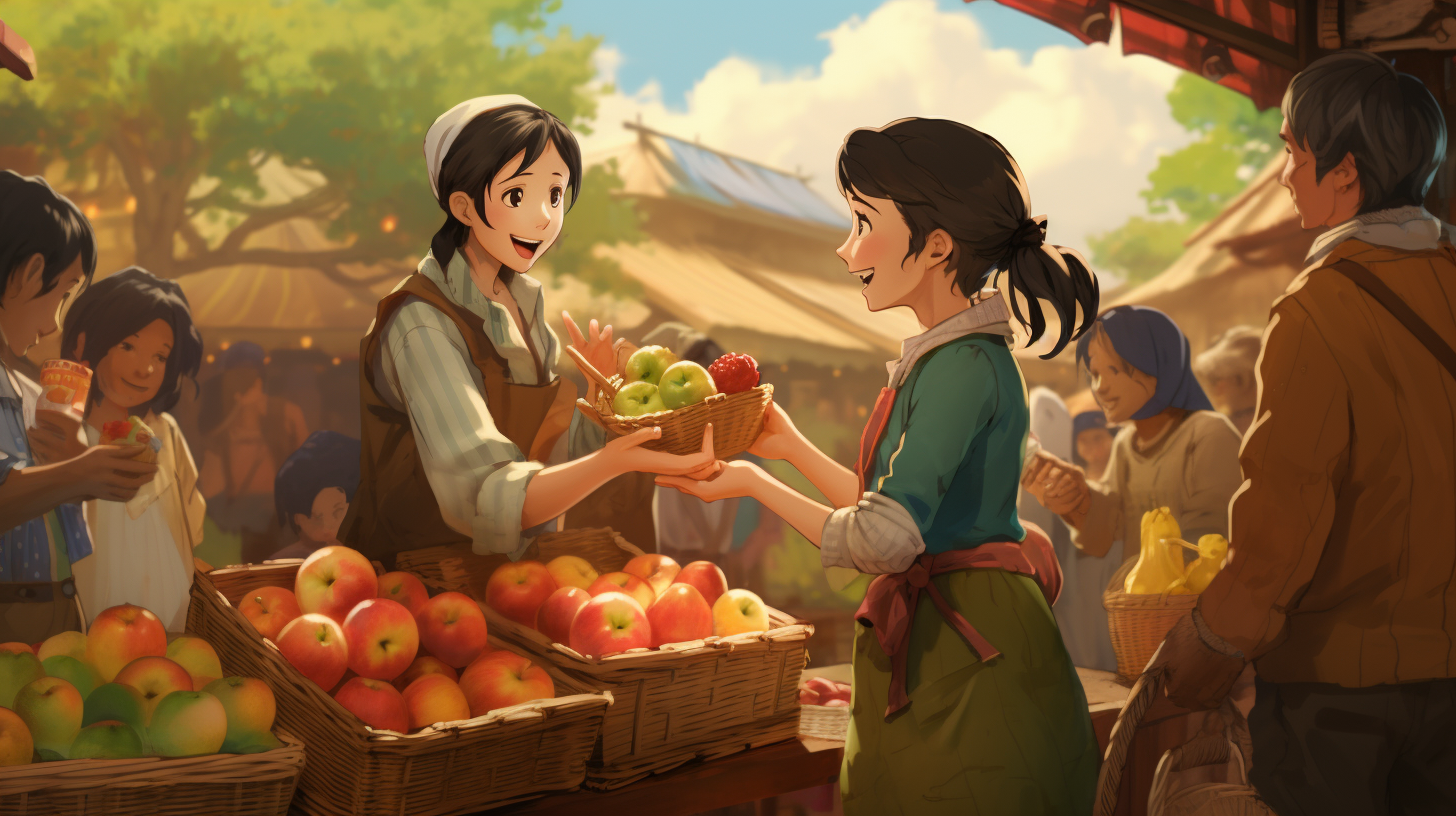 Customers buying apples at Ghibli Studio