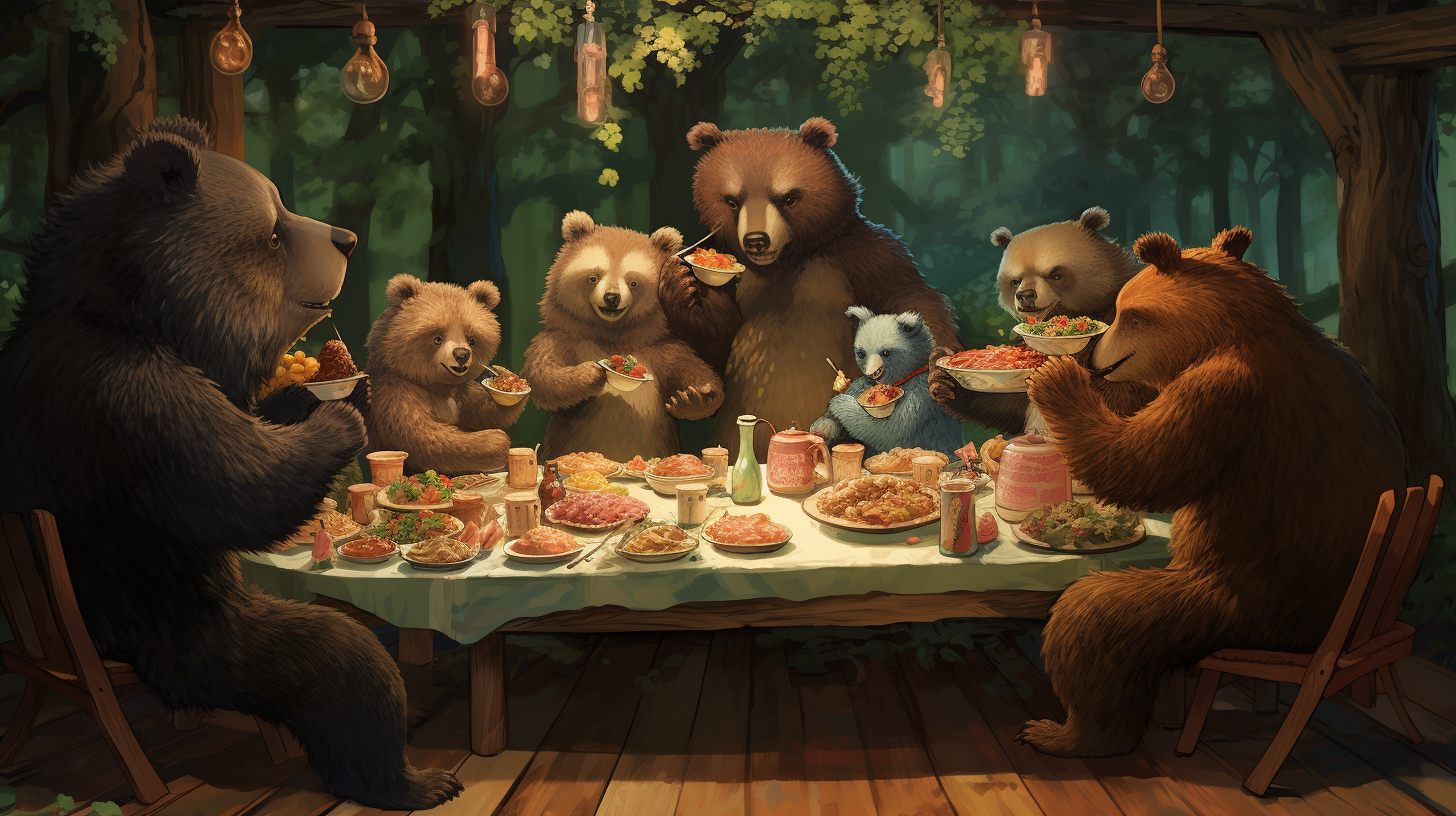 Hungry bears devouring scrumptious food