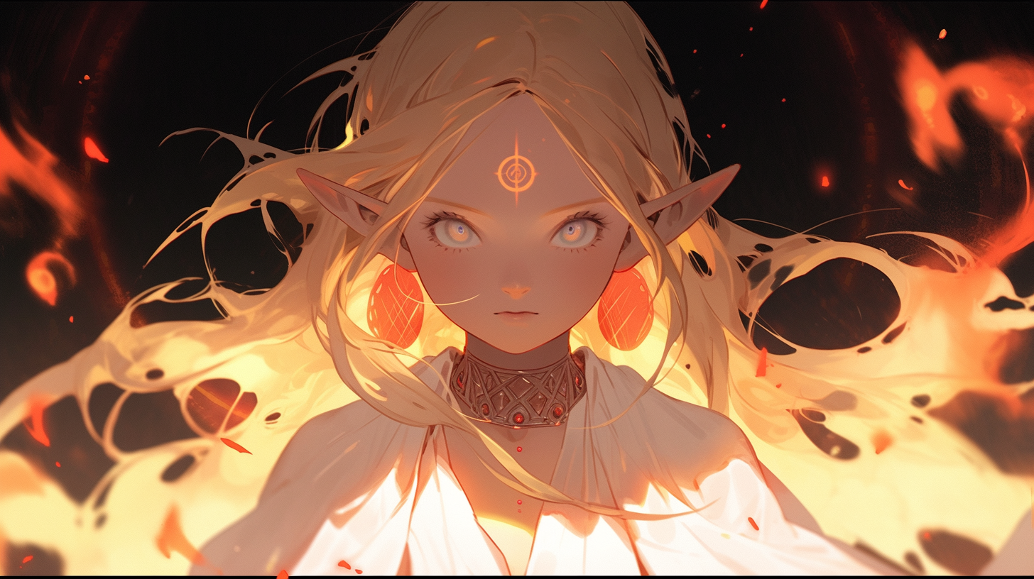 Illustration of a Ghibli style elf girl, Priestess of the Sun