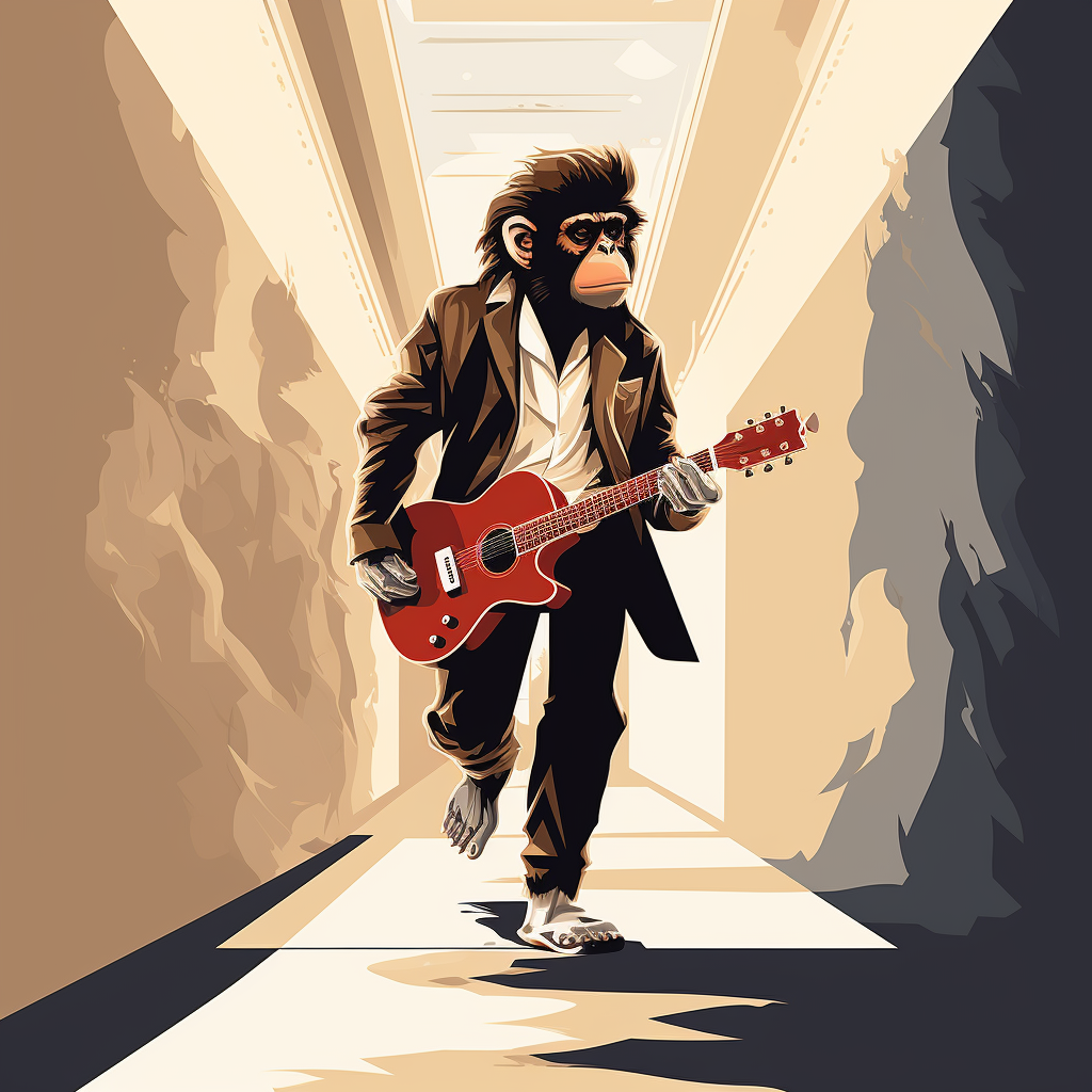 Monkey rockstar in stylish clothes playing guitar