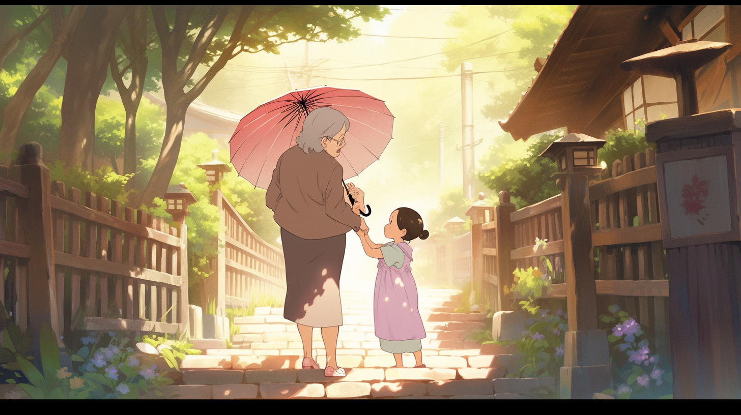 Elderly grandmother and grandchild walking hand in hand