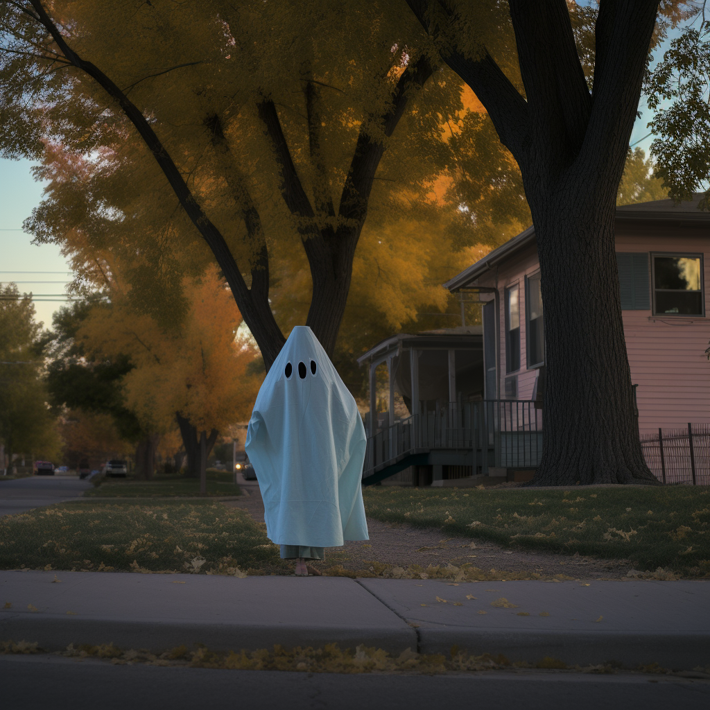 Teen in Ghost Costume with Pumpkin