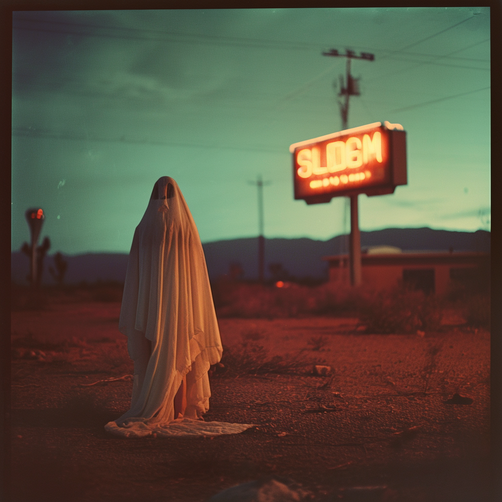 Person wearing ghost costume under neon sign