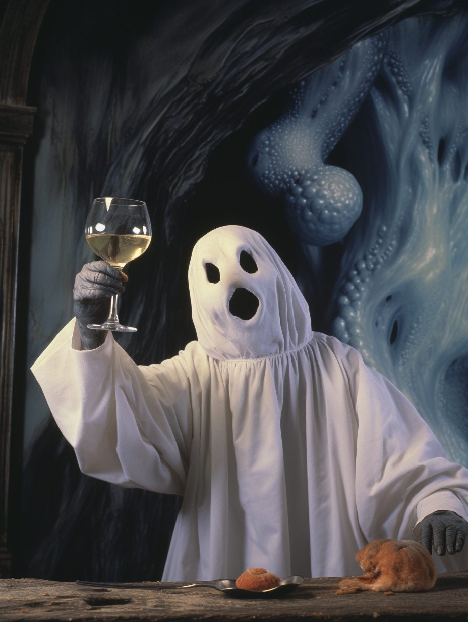 Ghost drinking wine in surreal background