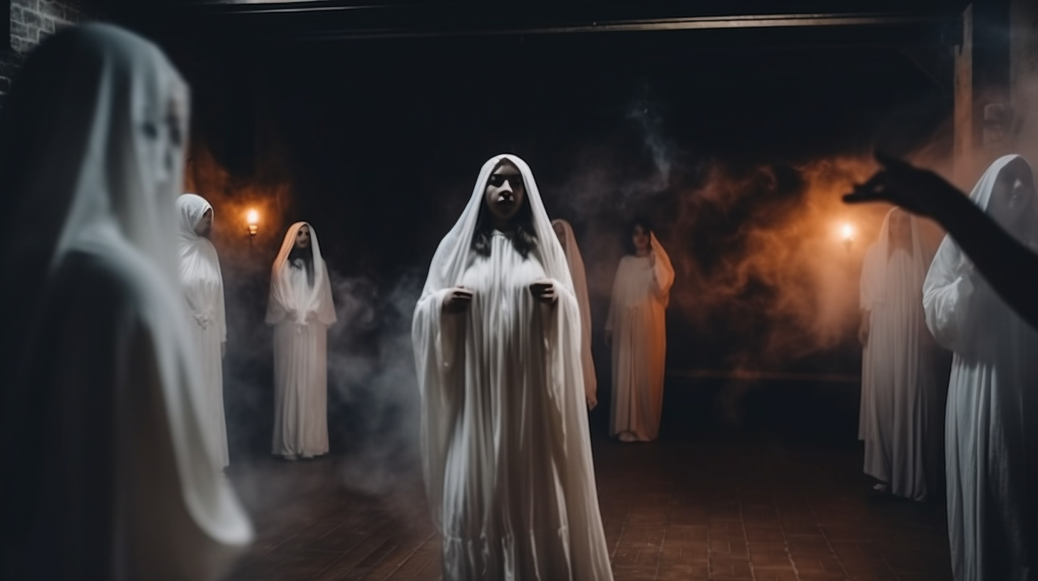 Ghostly Female Dancer in White Dress at Cult Ceremony