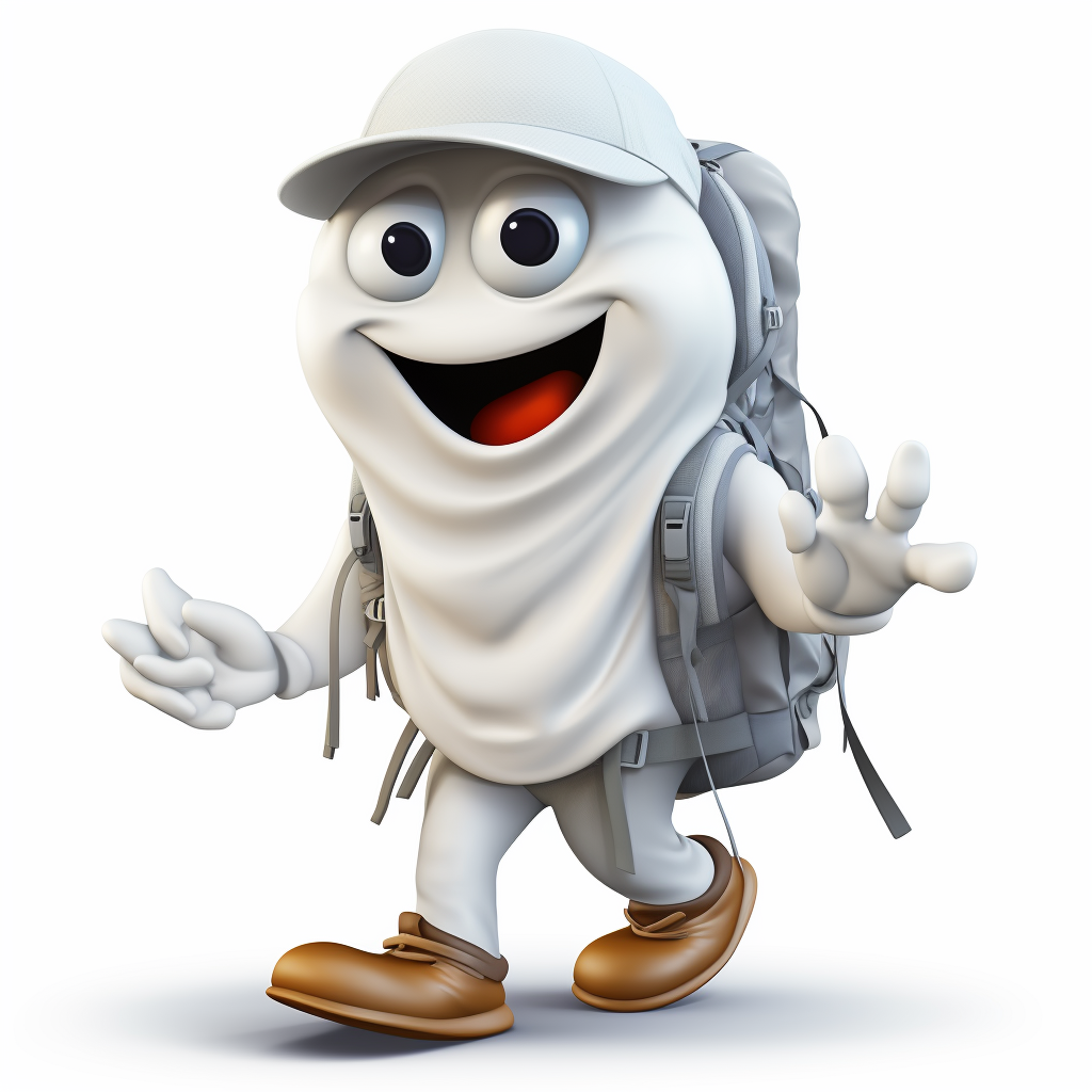 White ghost hiking with hat and backpack