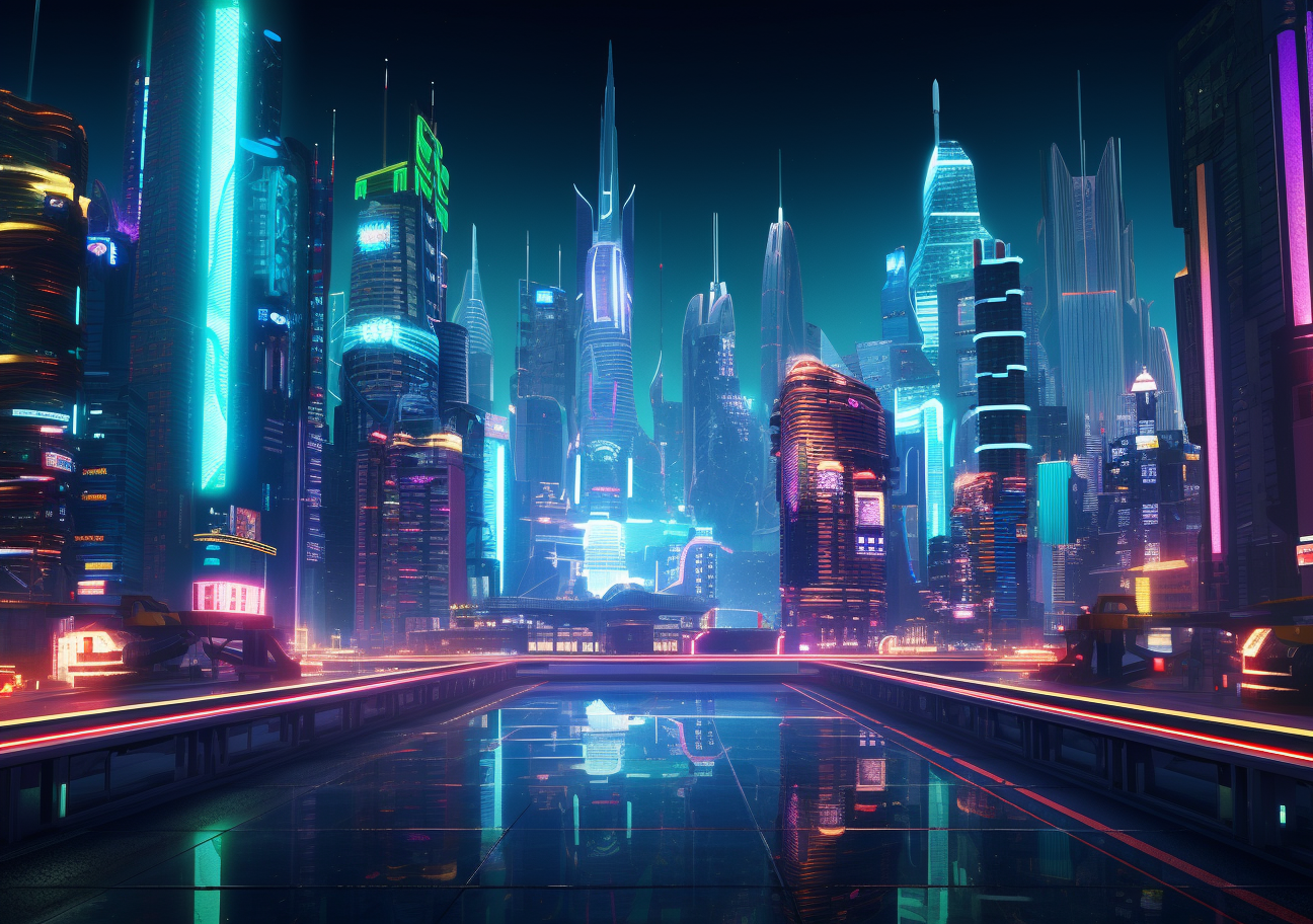 Futuristic neon cityscape with holographic commercials