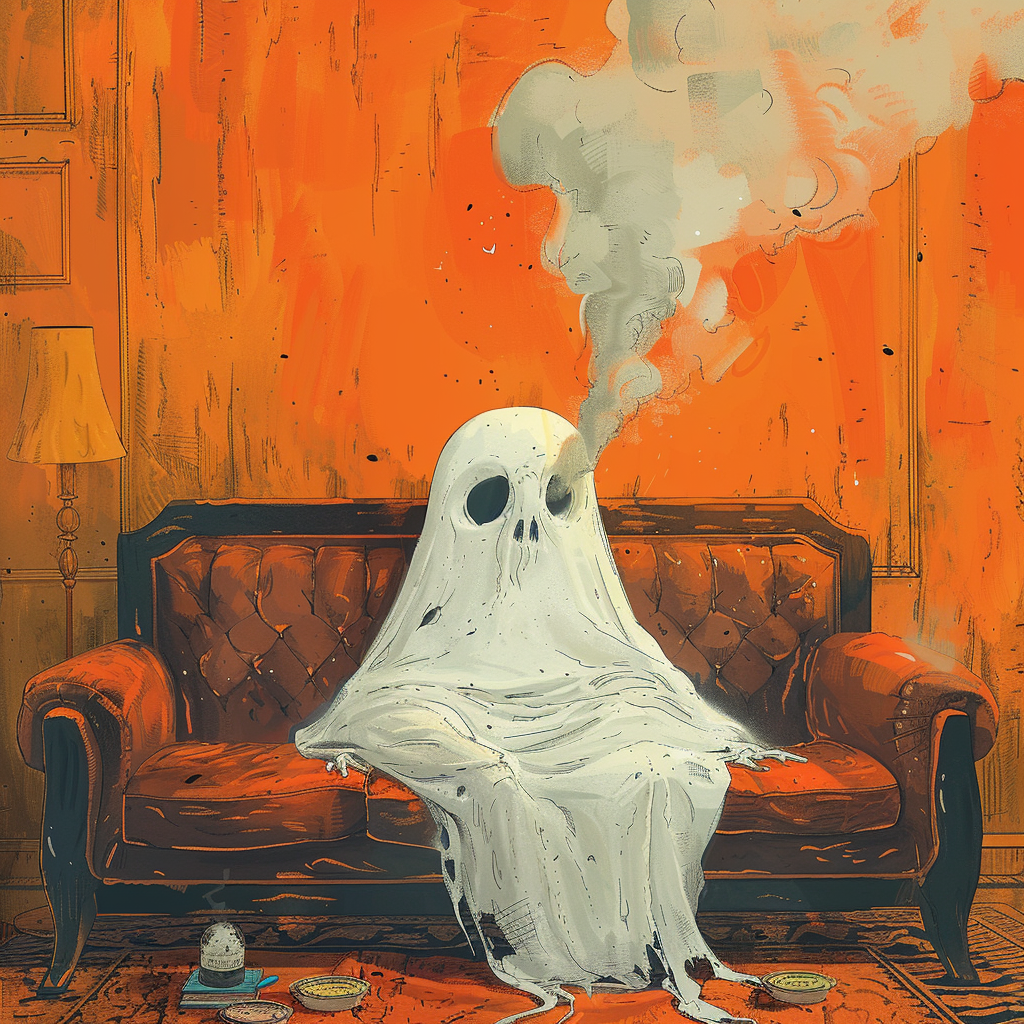 Ghost smoking blunt on orange couch