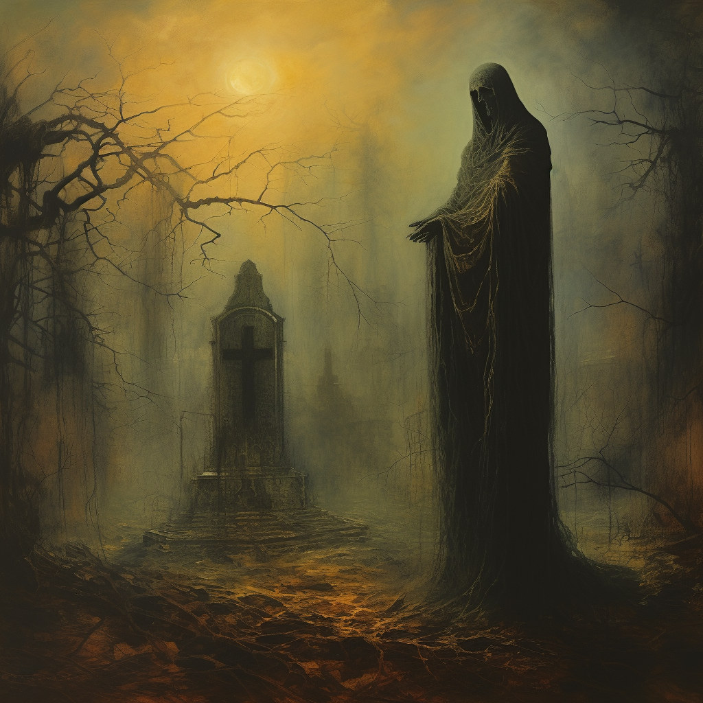 Spooky ghost on graveyard in Beksiński style