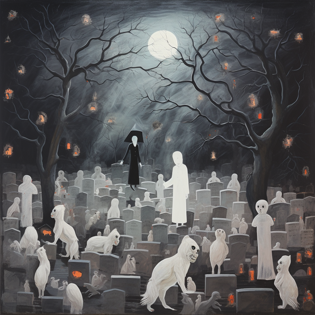 Collage of ghost digging grave in spooky graveyard