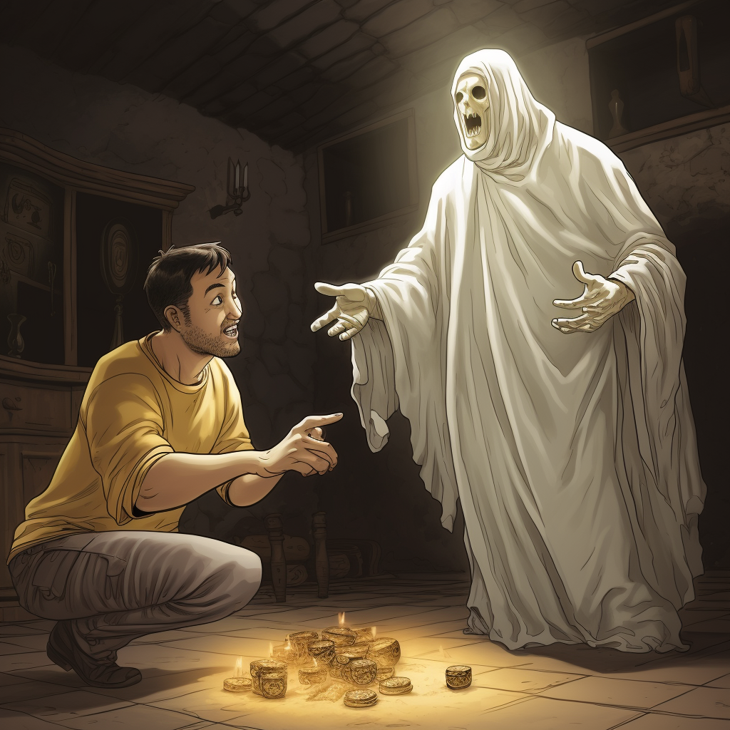 Ghost giving man a gold coin in castle cellar