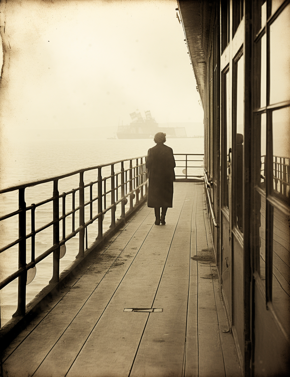 Sepia portrait of ghost passenger on 1920s promenade deck