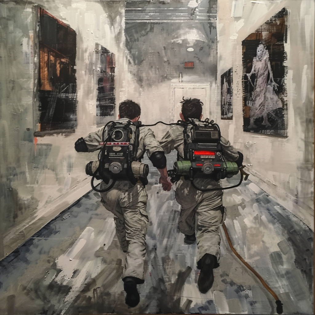 Two Ghostbusters chasing evil ghost