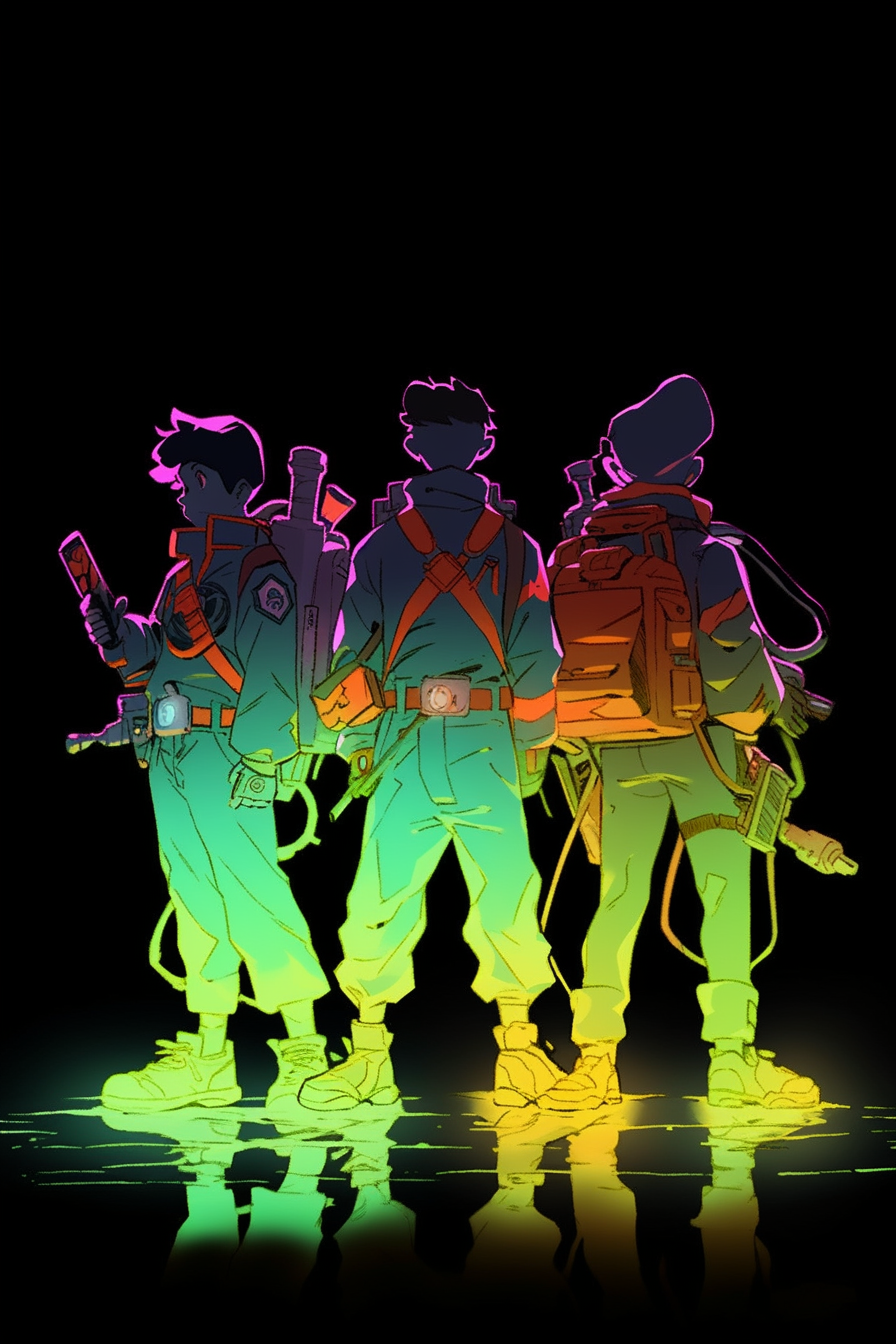 Four ghostbuster kids with long shadows