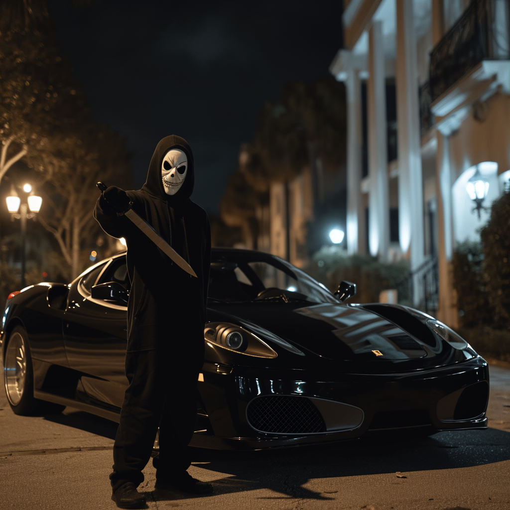 Ghostface holding knife at night on black Ferrari