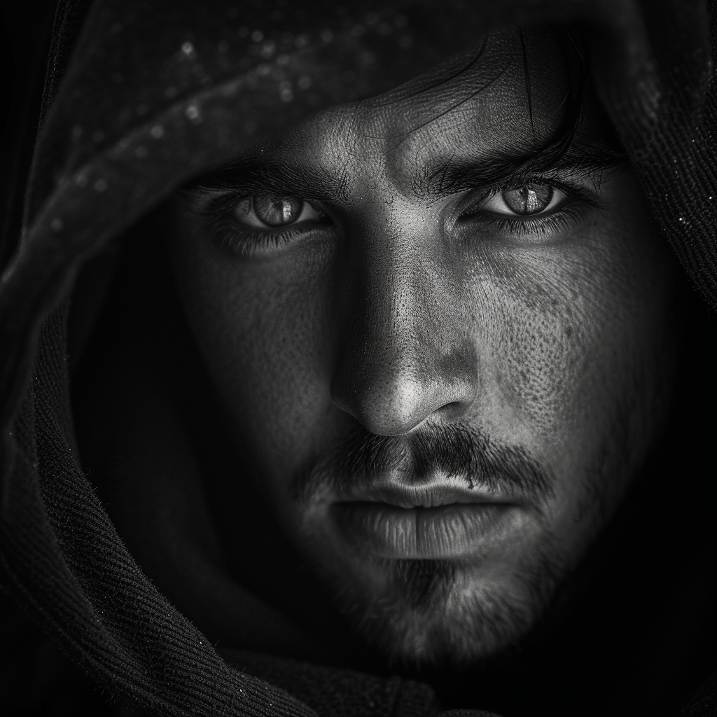 Black and white portrait man with hood