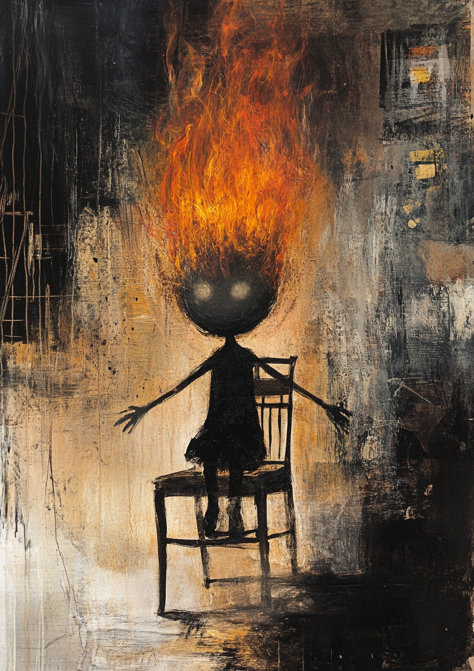 ghostly child holding chair abstract background