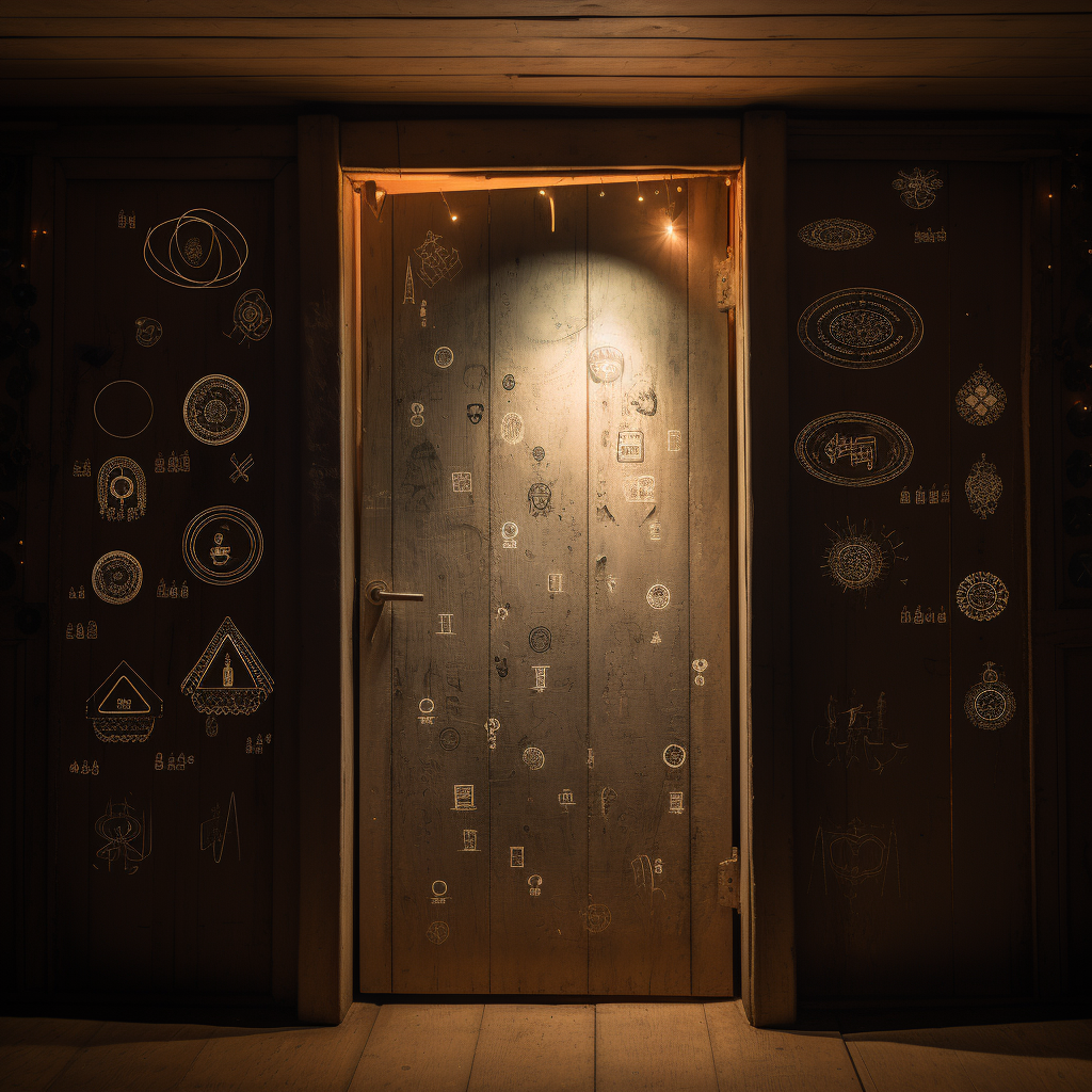 Ghostly crypto symbols emerging from closet door