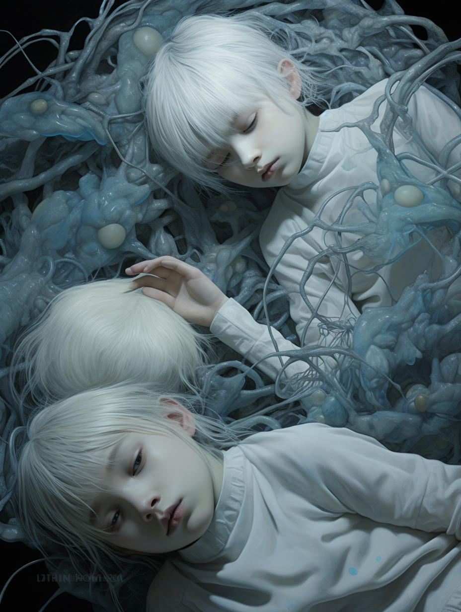 Ghostly children with cyan faces and flowing threads