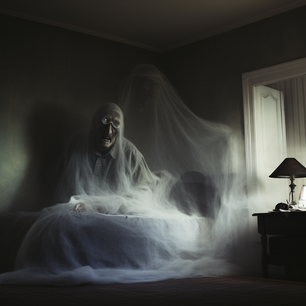 Ghostly figure rising from man on bed