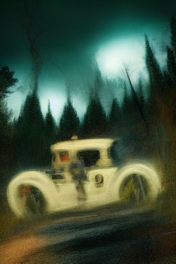 Ethereal glowing police car in spooky pine forest