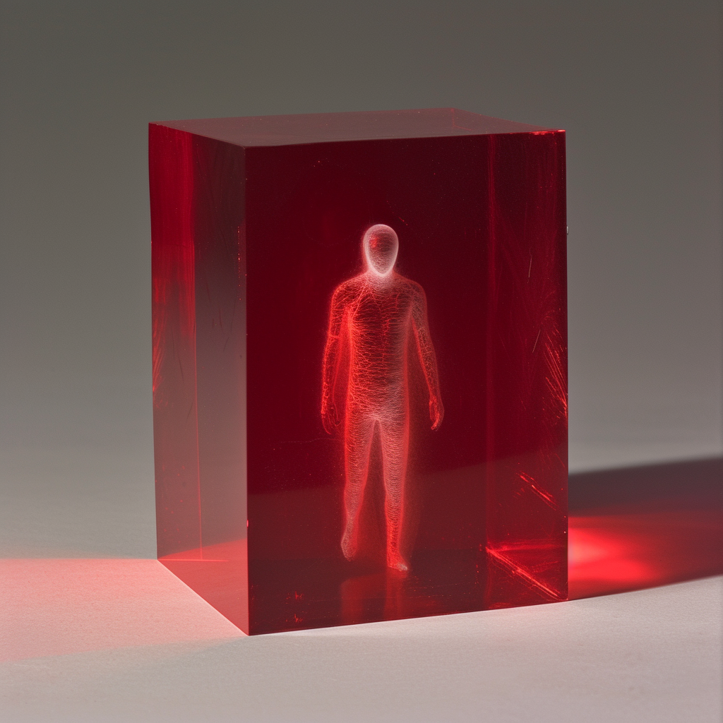 Ghostly human figure in red crystal cube