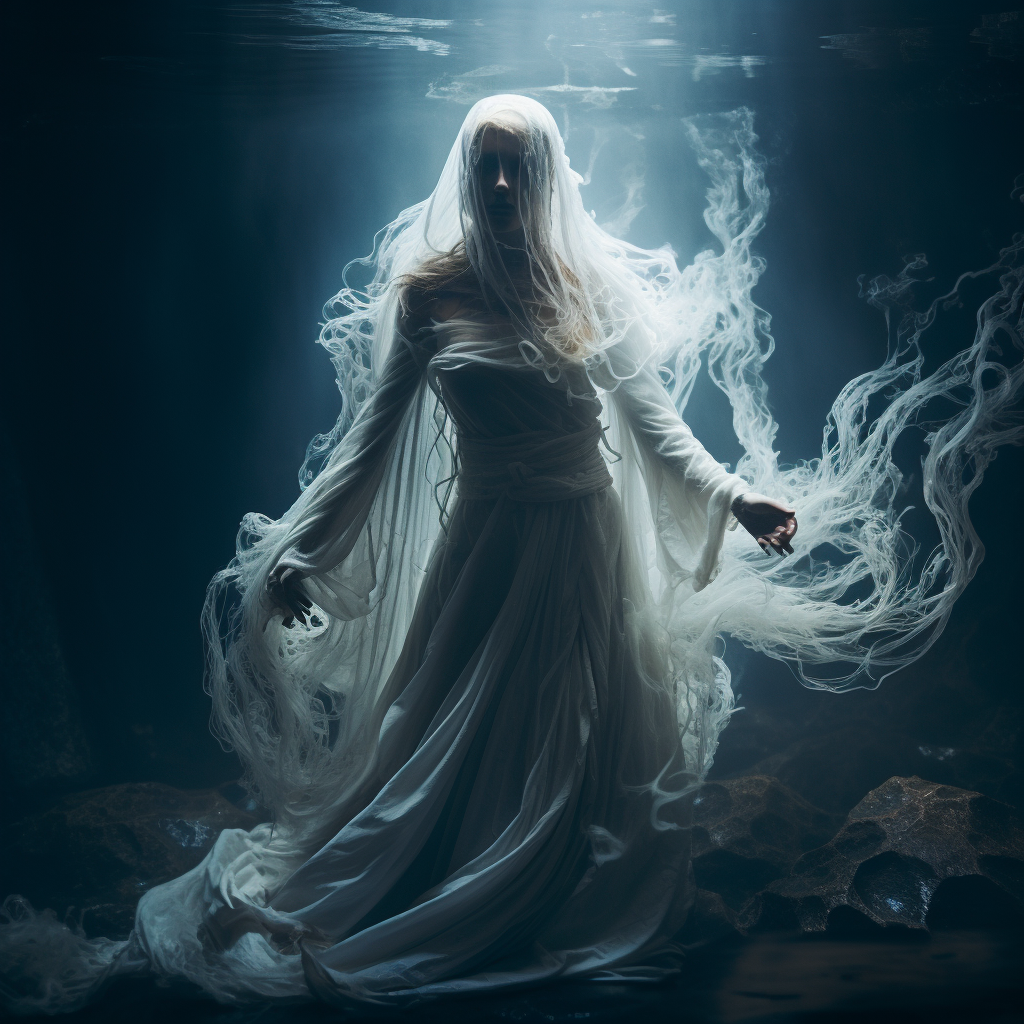 Ghostly Spectral Woman in White Robes with Flowing Hair