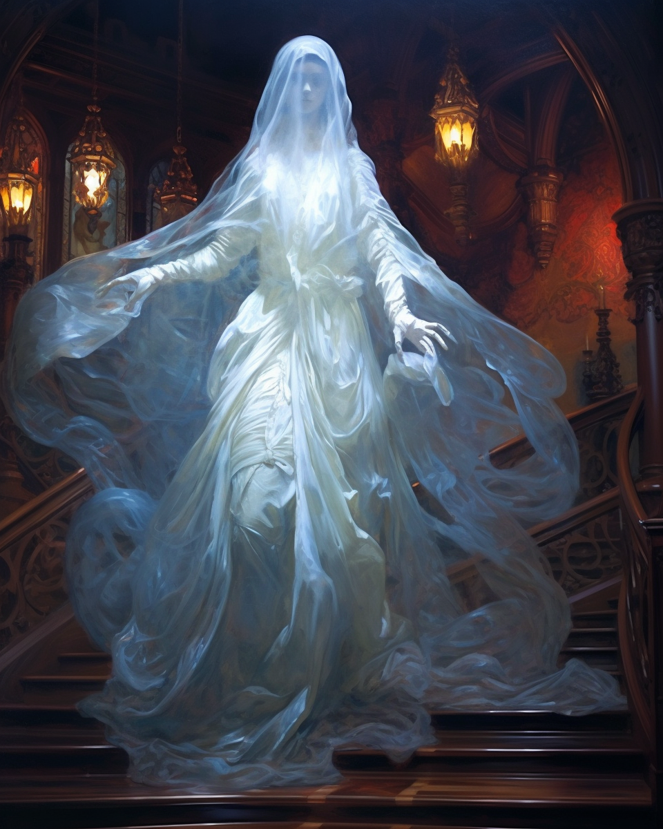 Transparent ghost woman in gauze at abandoned mansion