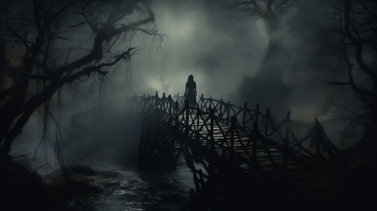 Ghostly figure on a dark and scary bridge