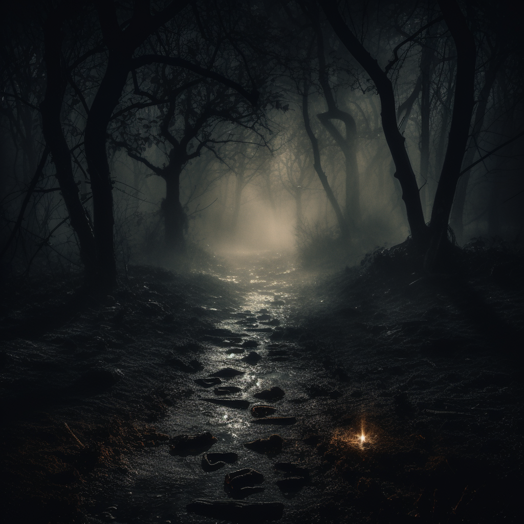 Ghostly footprints in misty forest at nighttime