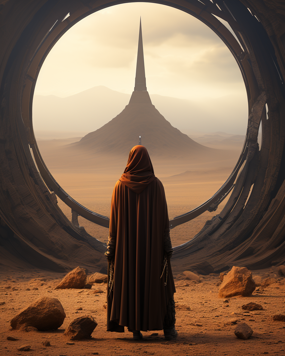 Image of Giant Alien Hourglass and Hooded Druid in Desert