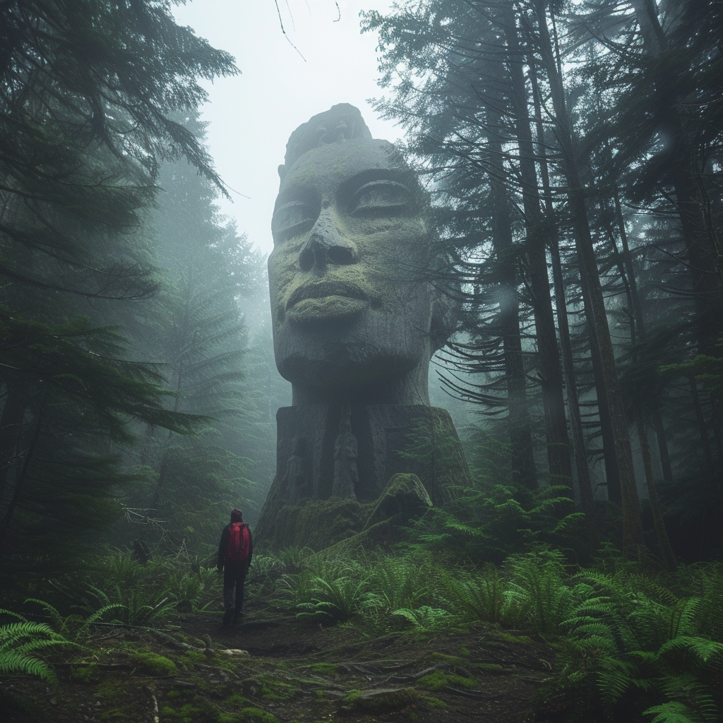 Ancient Head Statue in Green Forest