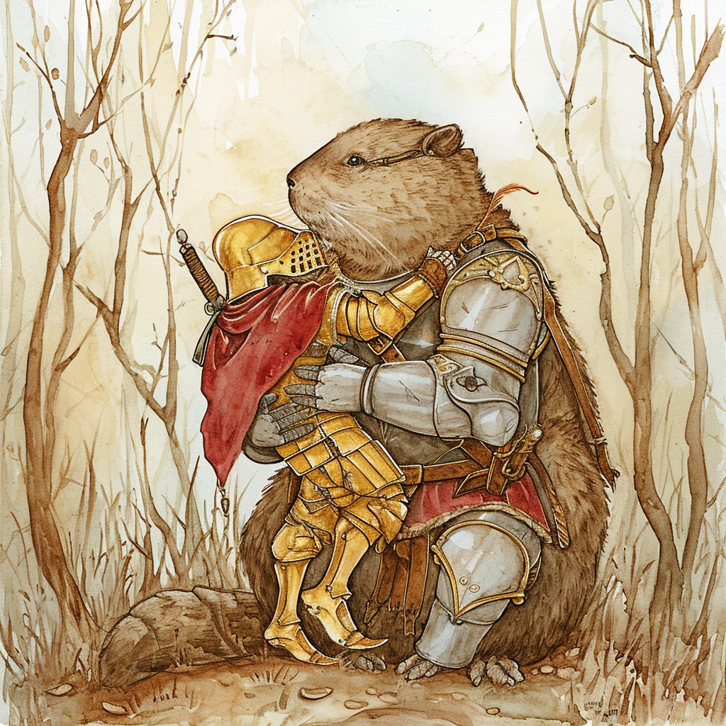 Giant Armored Beaver Holding Golden Knight Illustration