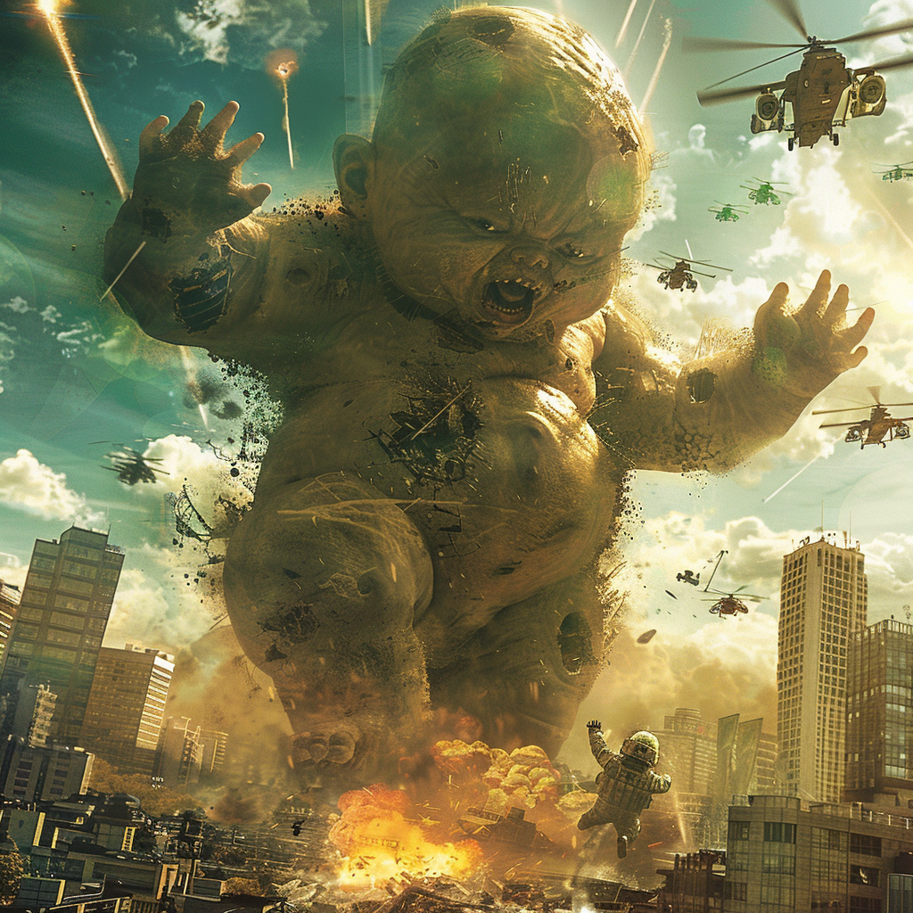 giant baby destroying tanks helicopters