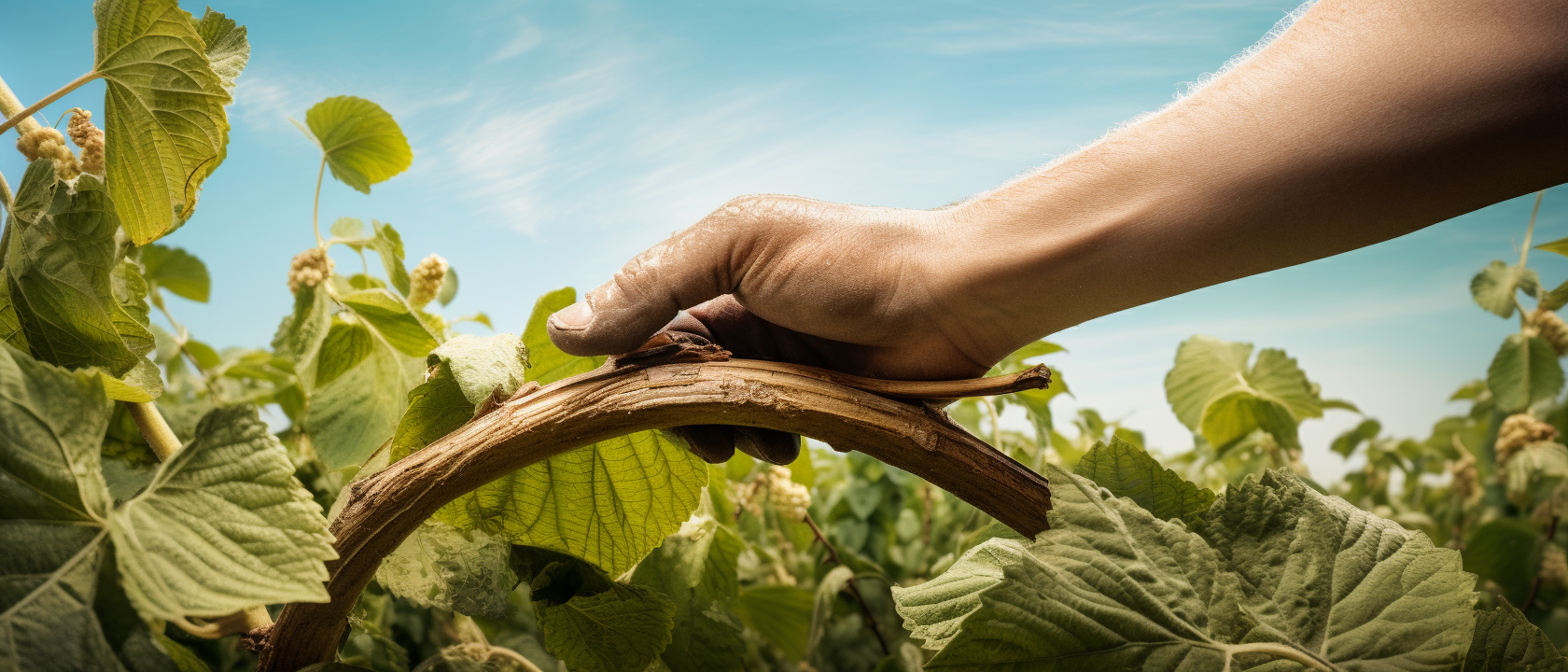 Close up of hands chopping down giant beanstalk