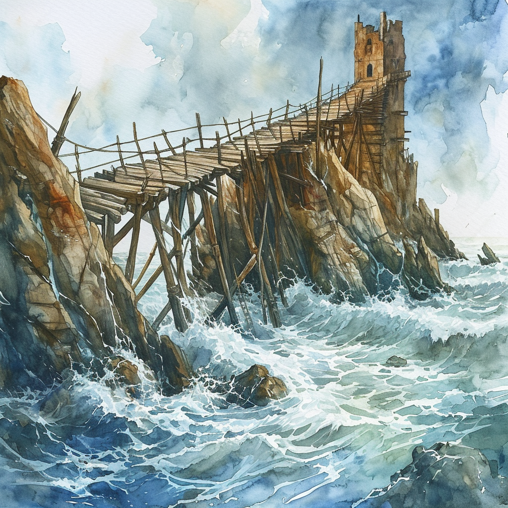 Illustration of a giant beaver dam on an ocean with a lookout bridge