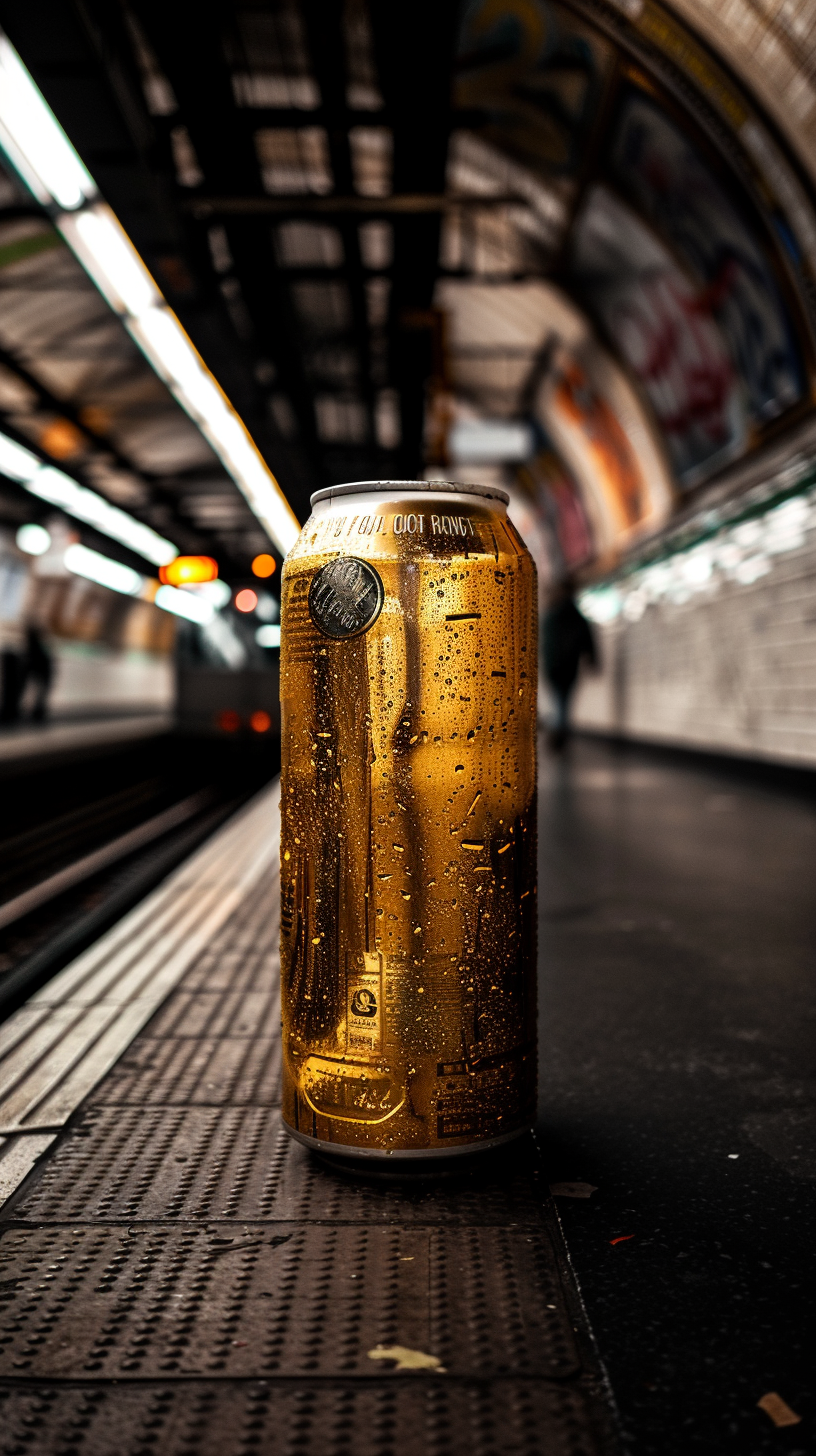 Giant beer can in subway