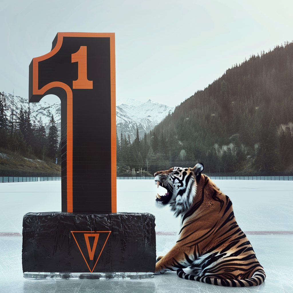 Giant black orange number 1 with tiger on ice