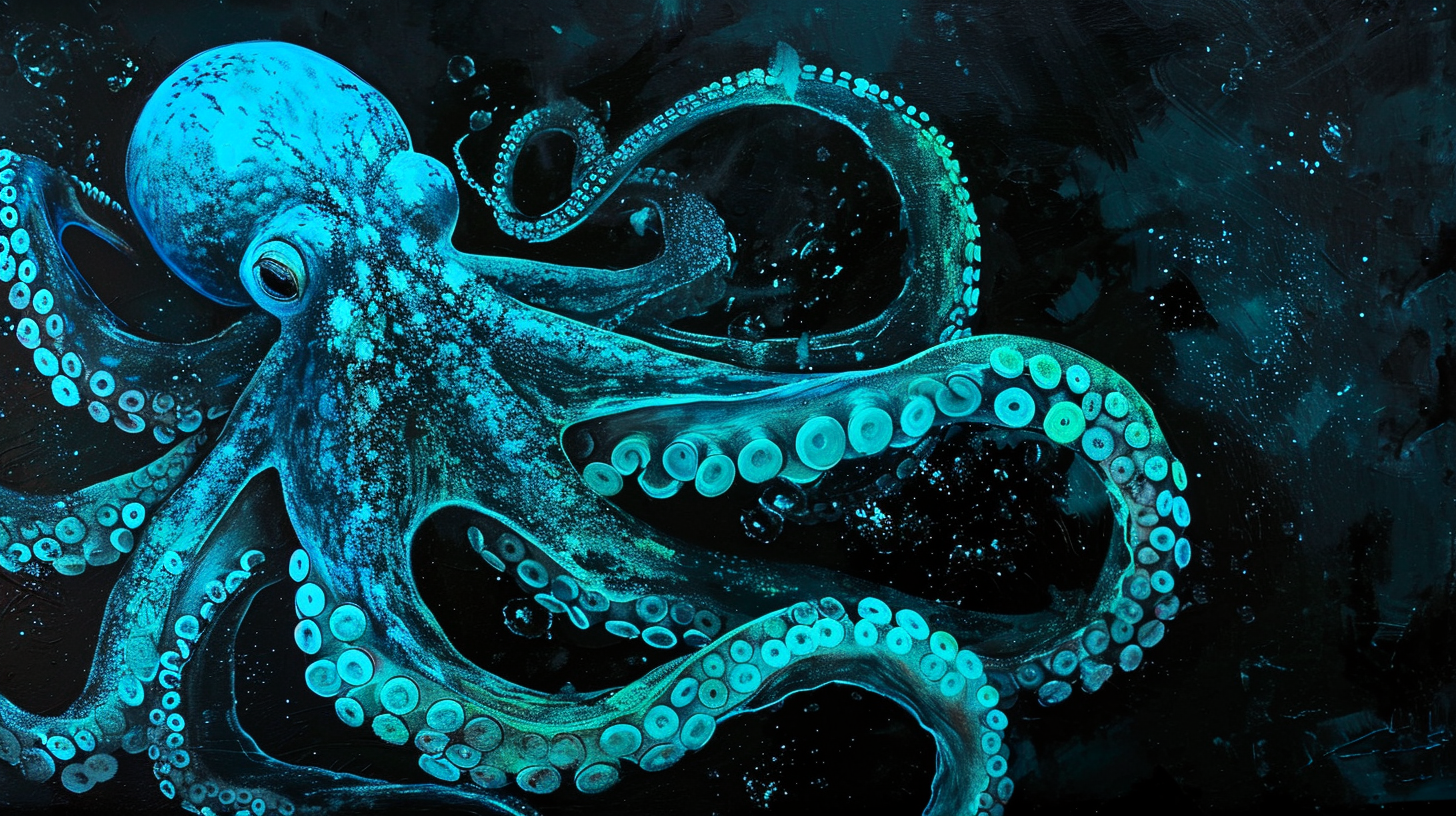 Image of a stunning giant blue phosphorescent octopus